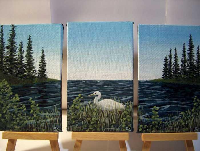 Crane Painting - Crane at Pondside Tryptych by Cedric Colond Crane Painting - Crane at Pondside Tryptych by Cedric Colond