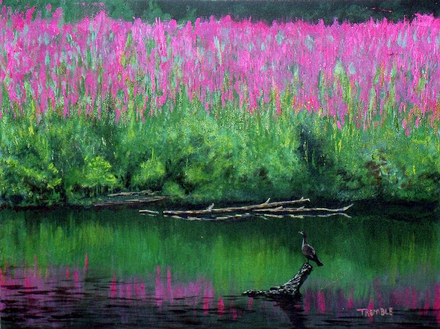 Crane Painting - Crane on a stream of flowers  by William Tremble