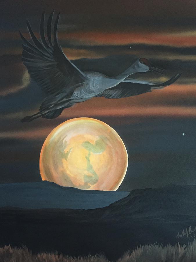 Crane on Los Lunas Moon Setting Painting by Barbara Andrews
