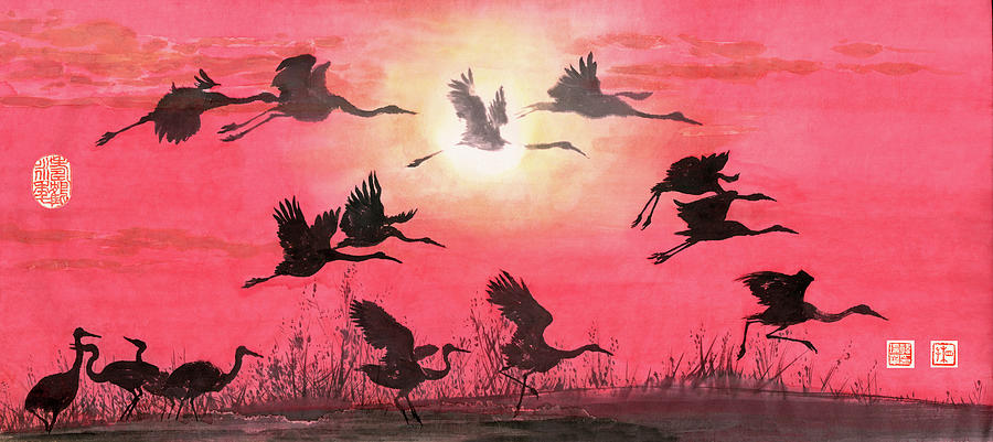 Bird Painting - Cranes - 10 by River Han