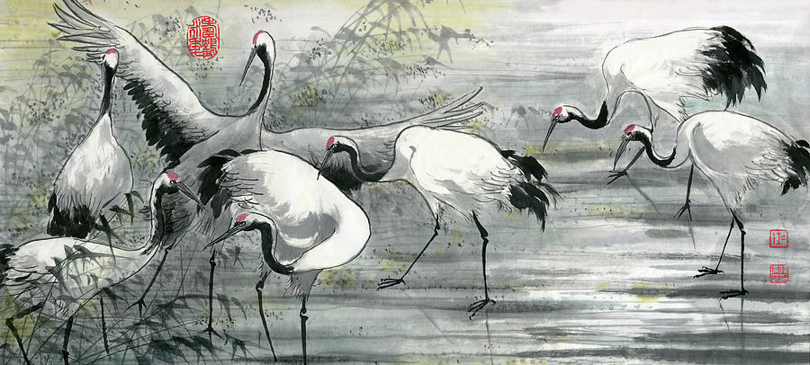 Bird Painting - Cranes - 11 by River Han