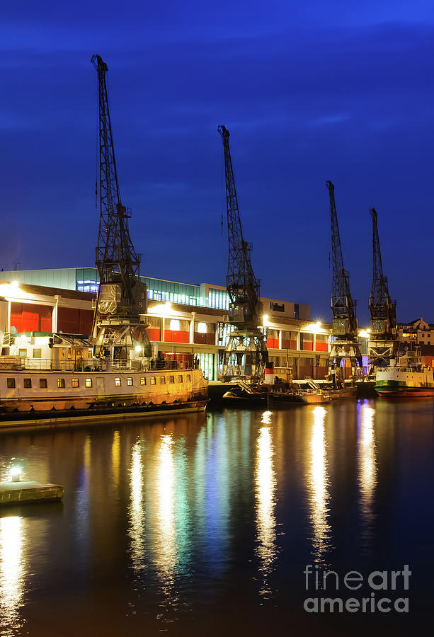 Cranes, Bristol harbour, at night Photograph by Colin Rayner