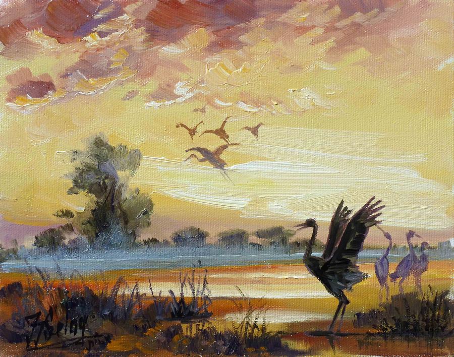 Cranes - evening flight Painting by Irek Szelag