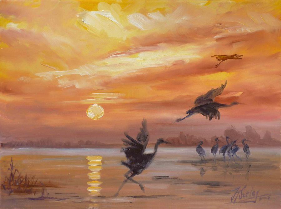 Cranes - golden sunset Painting by Irek Szelag