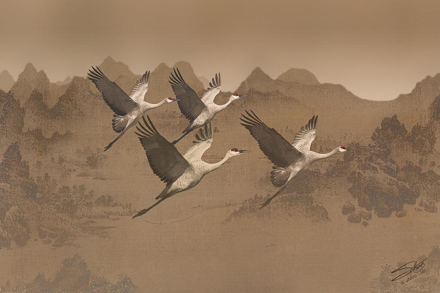 Cranes Migrating Over Mongolia Painting by M Spadecaller