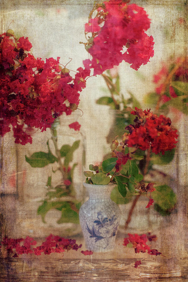 Crapemyrtles and little blue vase Photograph by Toni Hopper