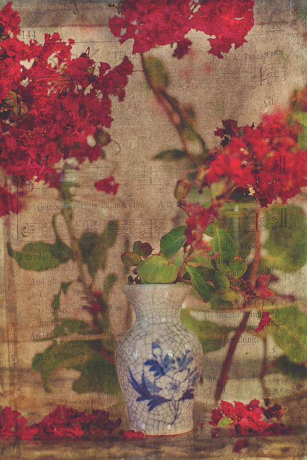 Crapemyrtles Blue Vase Still Life Photograph by Toni Hopper