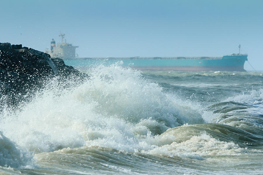 Crashing Waves and Freighter Photograph by Joni Eskridge