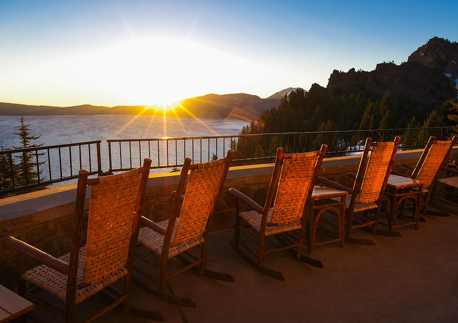 Crater Lake National Park Photograph - Crater Lake Lodge Porch Sunrise by Scott McGuire