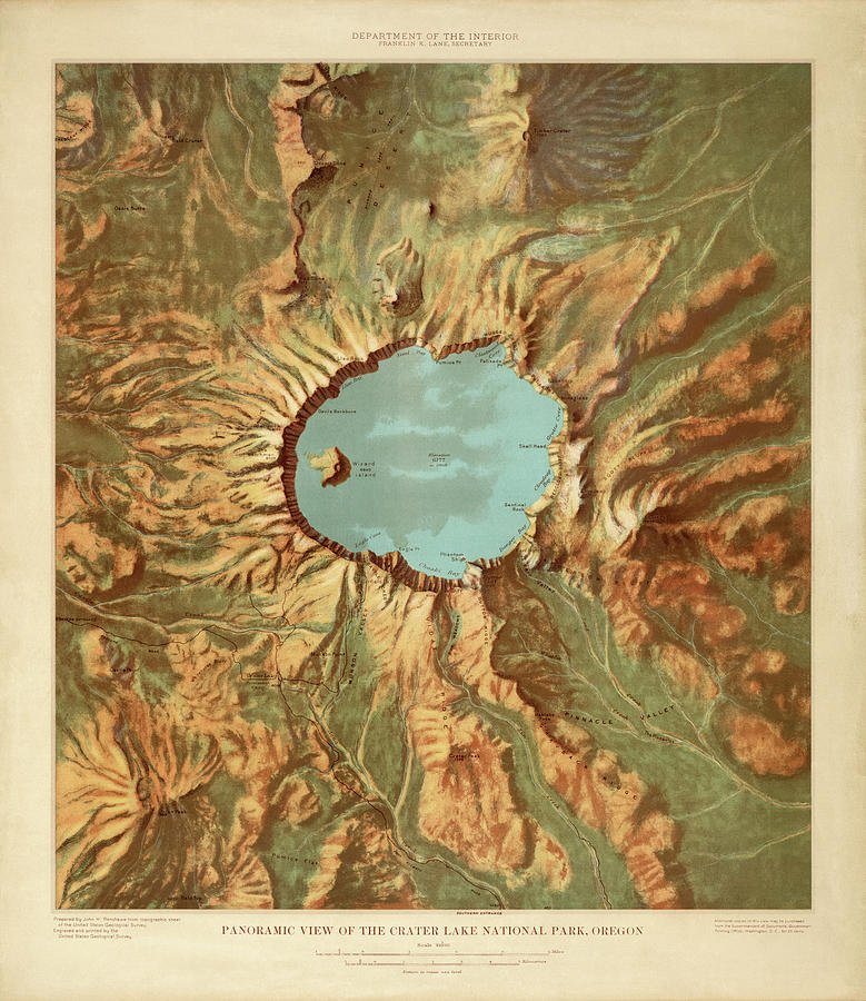 Crater Lake National Park Map by the US Geological Survey - 1915 Drawing by Blue Monocle