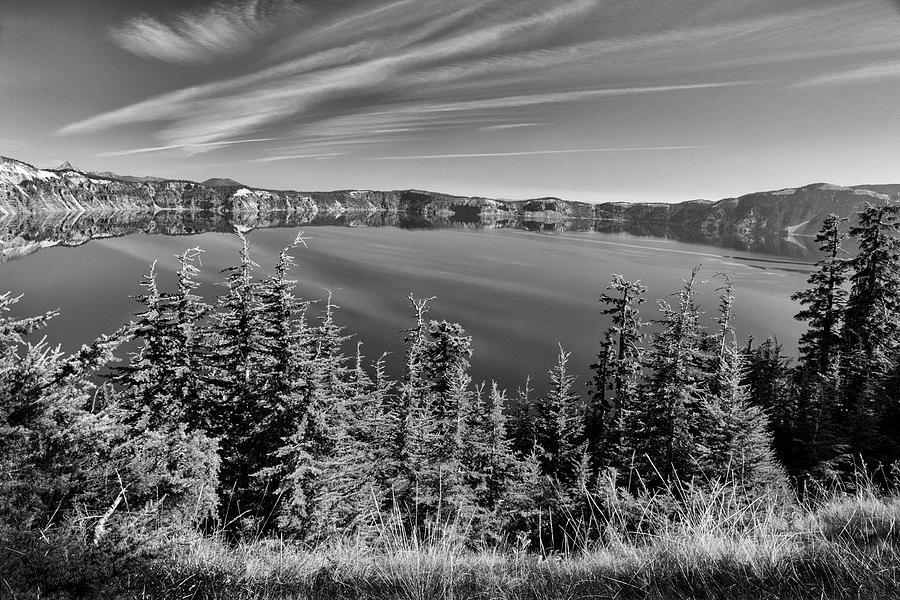 Crater Lake Rim Reflections In Bw Photograph