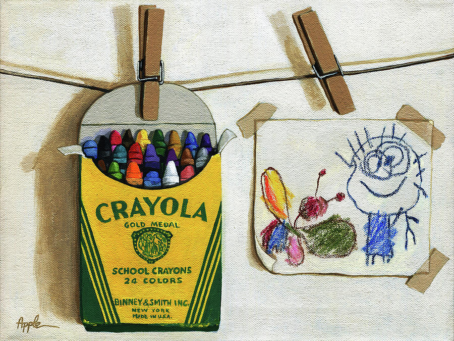 Box of Crayons and Childs Drawing realistic still life painting Painting by Linda Apple