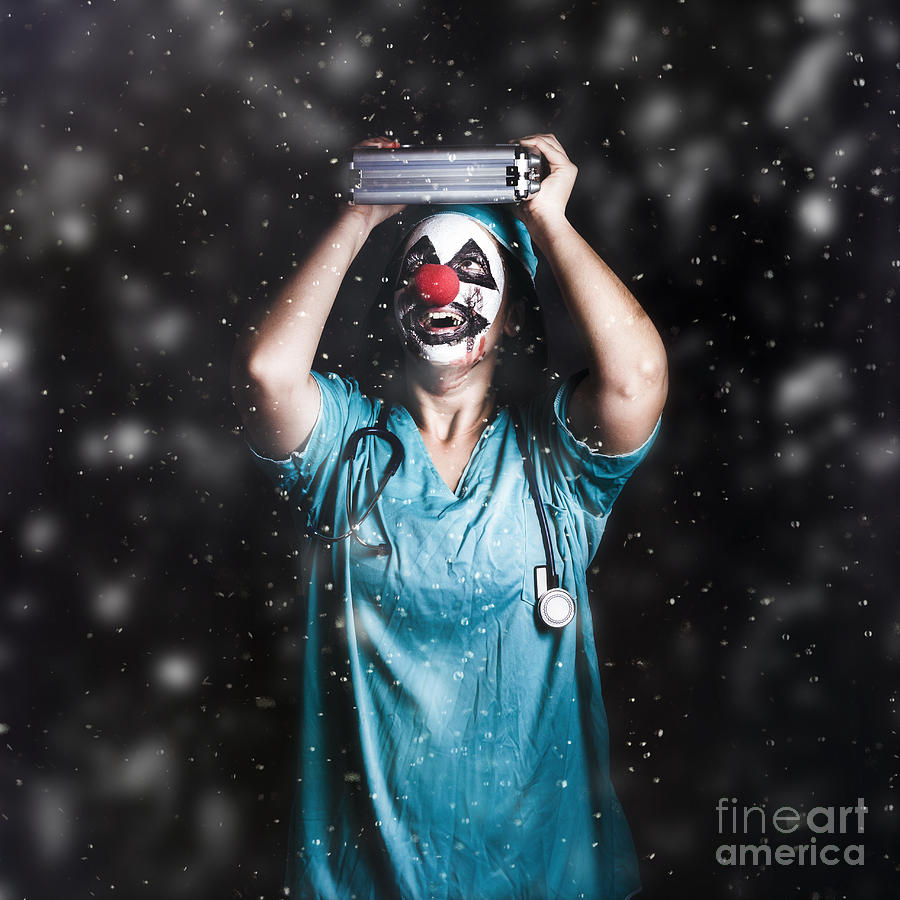 Nature Photograph - Crazy doctor clown laughing in rain by Jorgo Photography