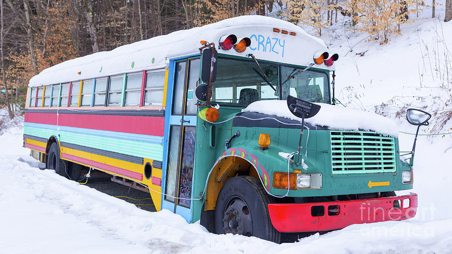Crazy Painted Old School Bus in the Snow Photograph by Edward Fielding