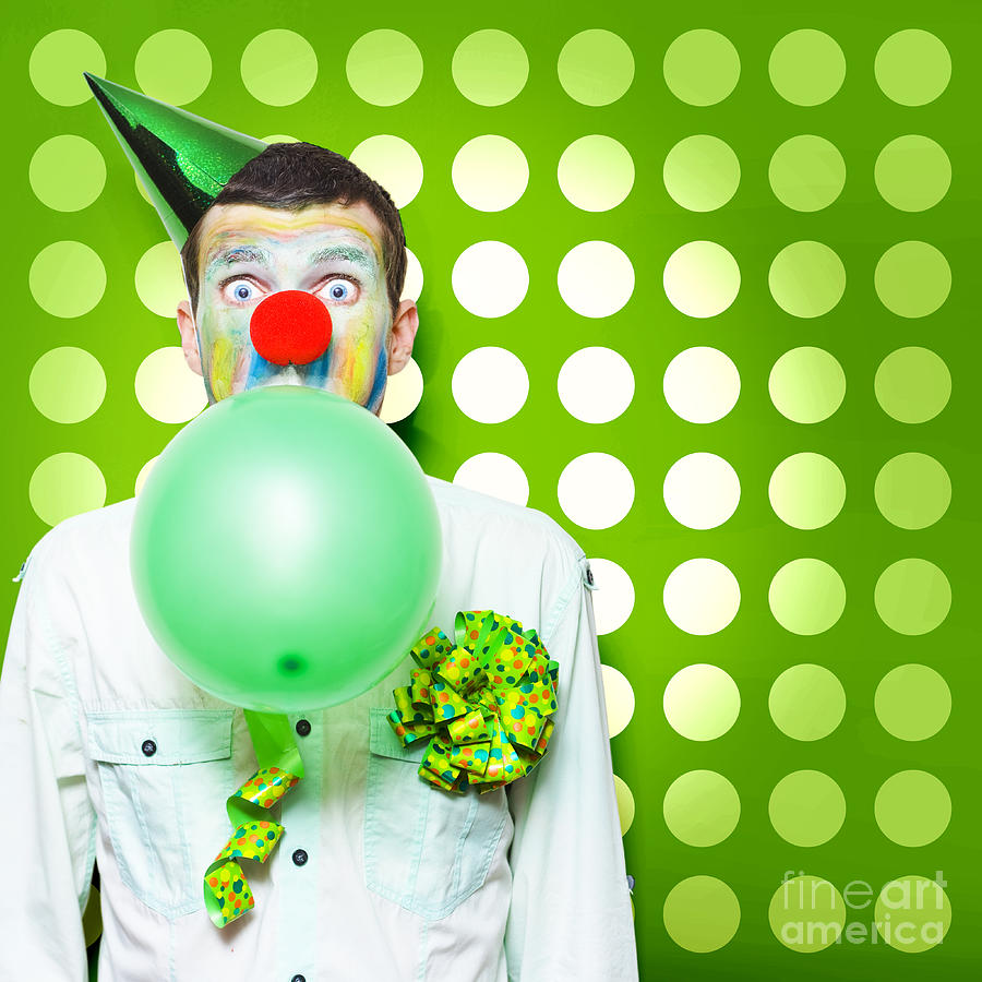 Crazy Party Clown Inflating Green Party Balloon Photograph by Jorgo Photography