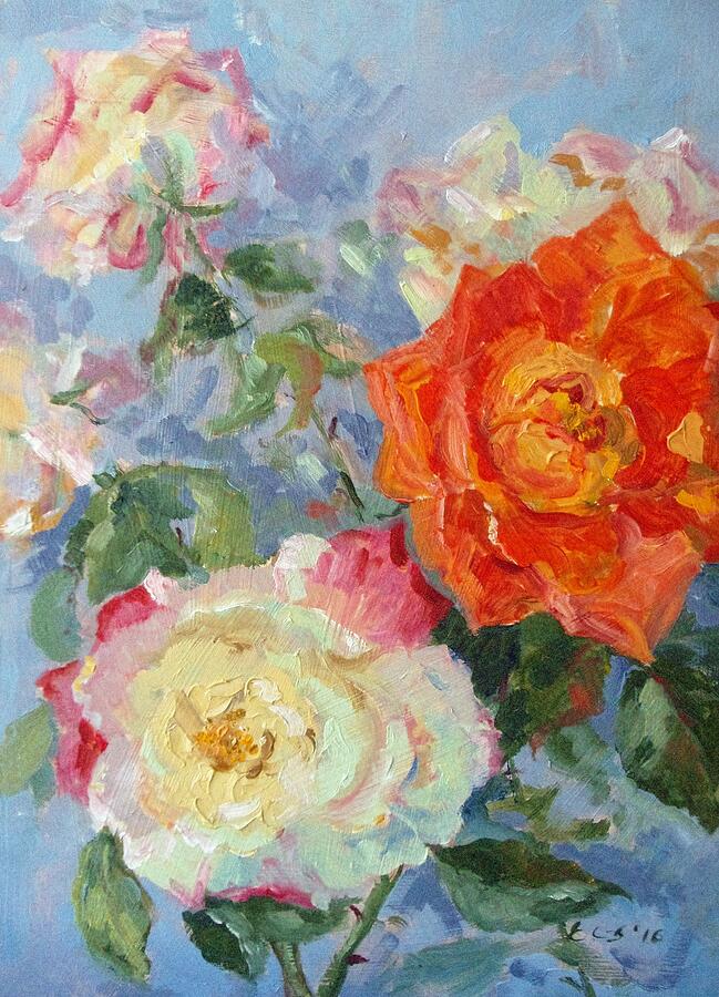 Cream and Orange Roses Painting by Elinor Fletcher