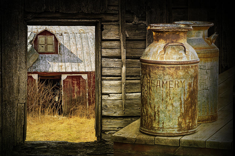 Creamery Milk Cans with Window View of an Old Red Barn Photograph by Randall Nyhof