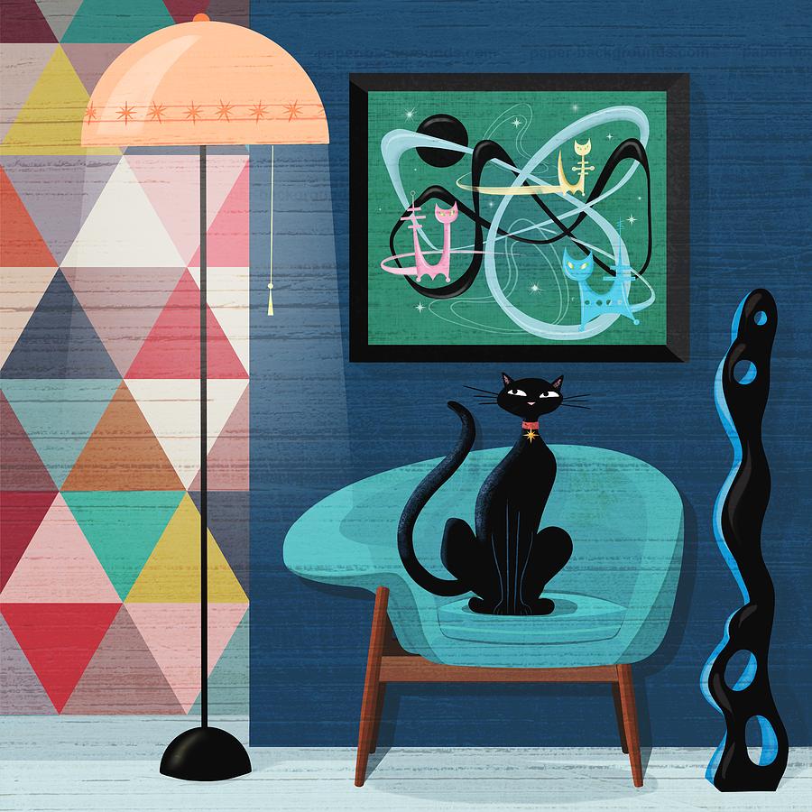 Cat Painting - Creature Comforts Mid-Century Interior With Black Cat  by Little Bunny Sunshine