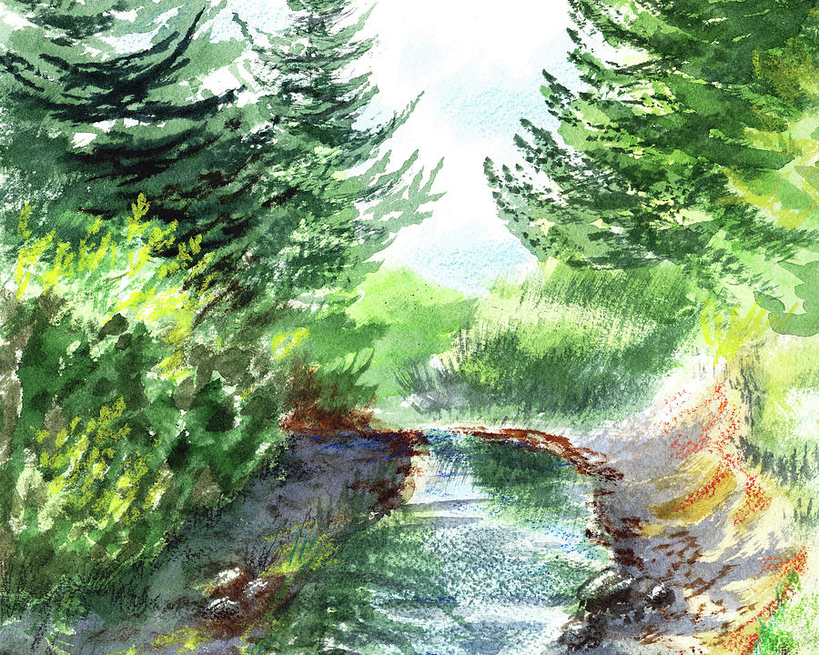 Into The Woods Painting - Creek In The Forest Watercolor Painting by Irina Sztukowski