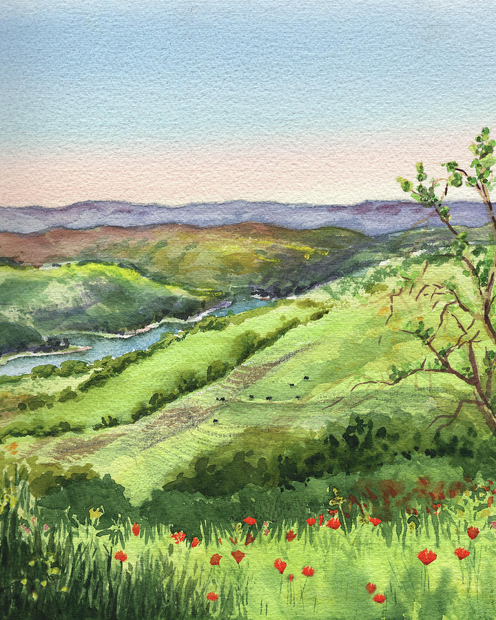 Creek In The Hills Watercolor Landscape  Painting by Irina Sztukowski