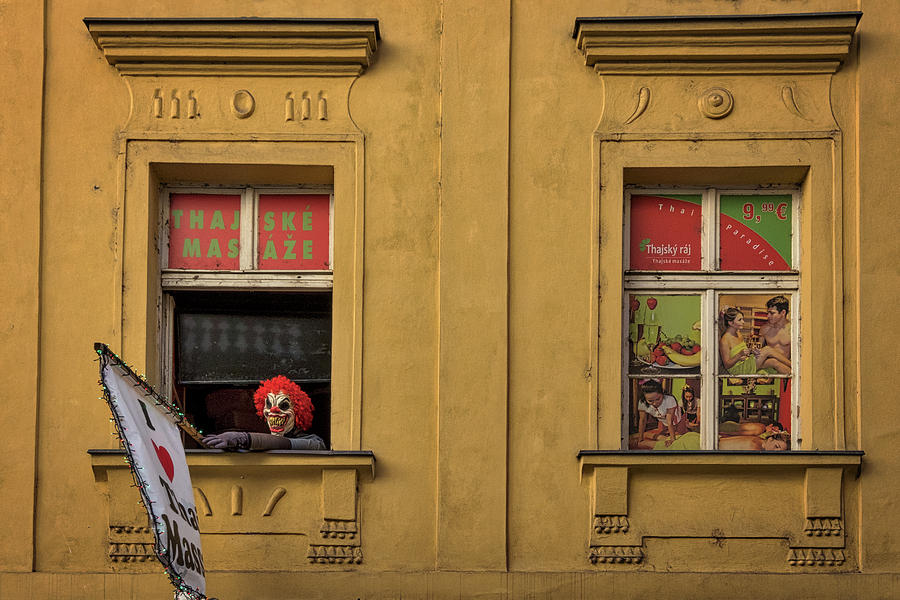 Architecture Photograph - Creepy Clown Loves Thai Massage - Prague by Stuart Litoff