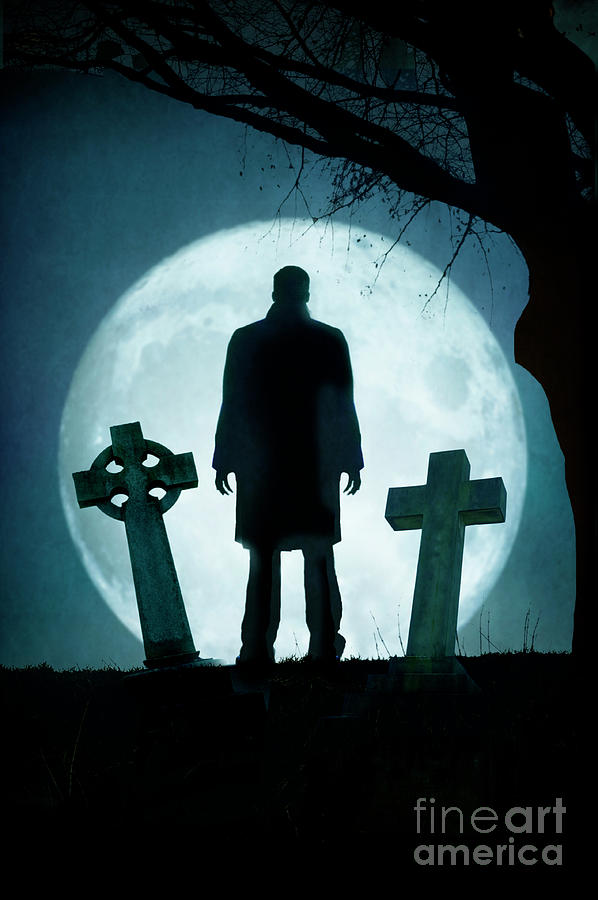 Creepy Man Standing In A Graveyard With Full Moon Photograph by Lee Avison