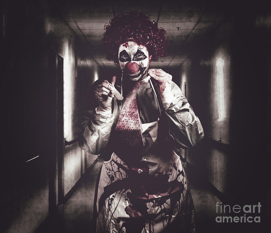 Creepy medical clown in grunge hospital hallway Photograph by Jorgo Photography