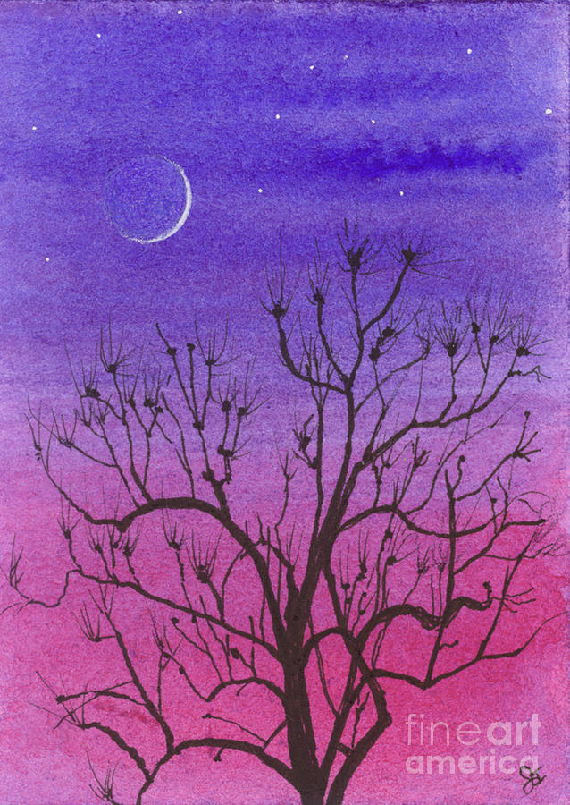 Crescent Moon and Peculiar Tree Painting by Jackie Irwin