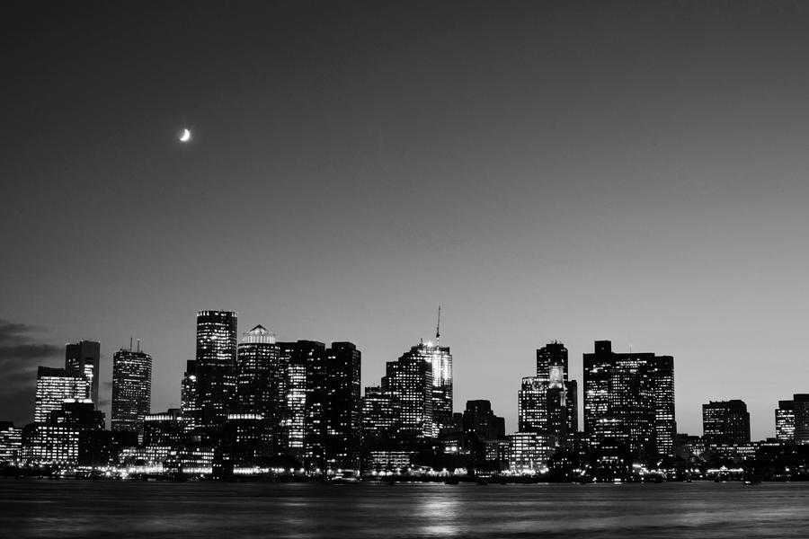 Crescent Moon over Boston at Dusk from East Boston Black and White Photograph by Toby McGuire