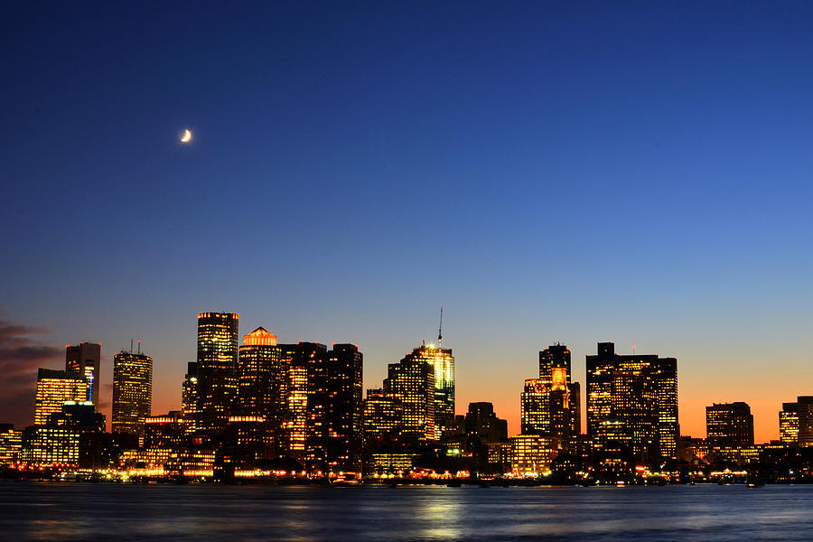 Boston Photograph - Crescent Moon over Boston at Dusk from East Boston by Toby McGuire