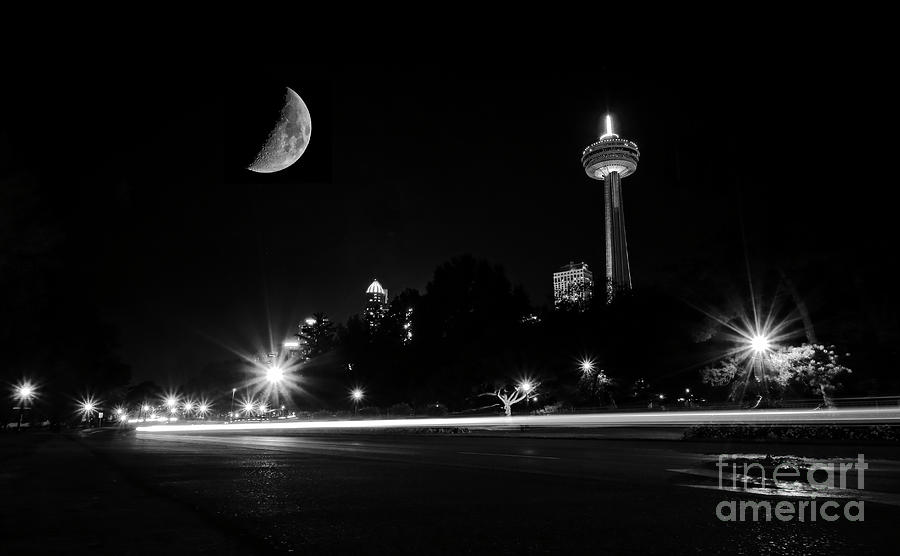 Crescent Moon Over Niagara Falls City Mono Photograph by Charline Xia