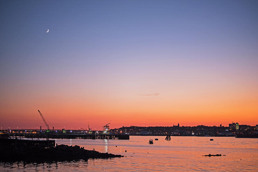 Crescent Moon over Portland Maine at Sunset Photograph by Toby McGuire