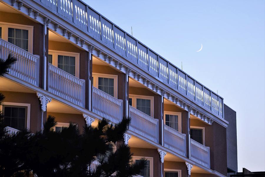 Crescent Moon Over the Boardwalk Plaza Hotel Photograph by Kim Bemis