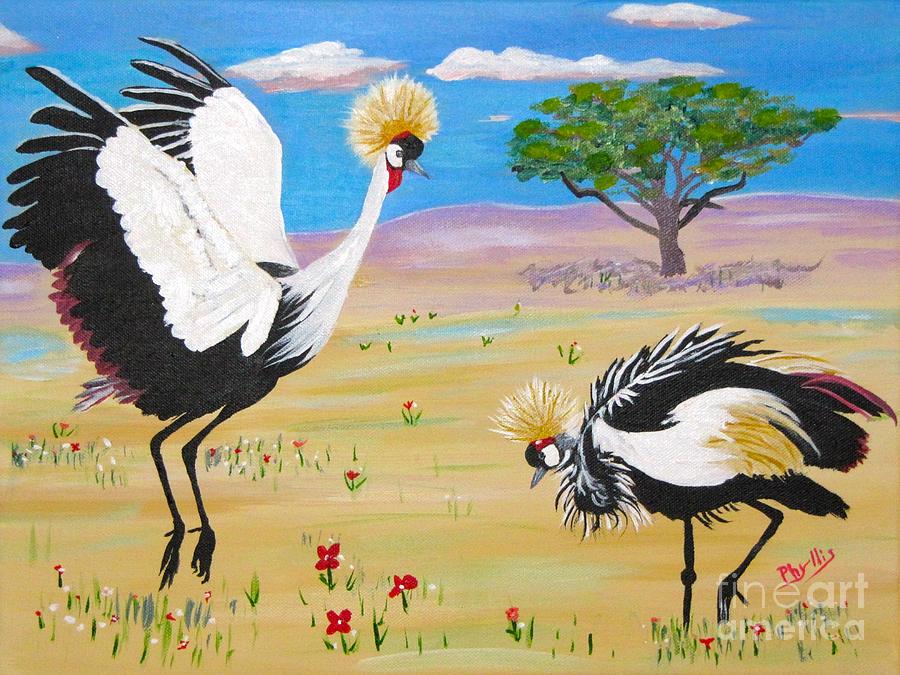 Grey Crowned Cranes Courting Painting by Phyllis Kaltenbach