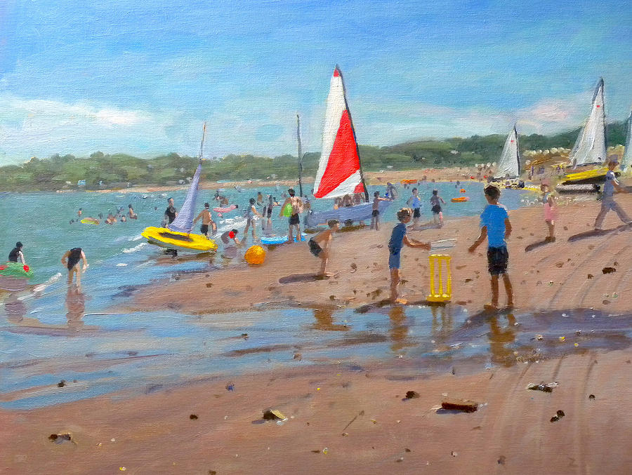 Cricket Painting - Cricket and red and white sail by Andrew Macara