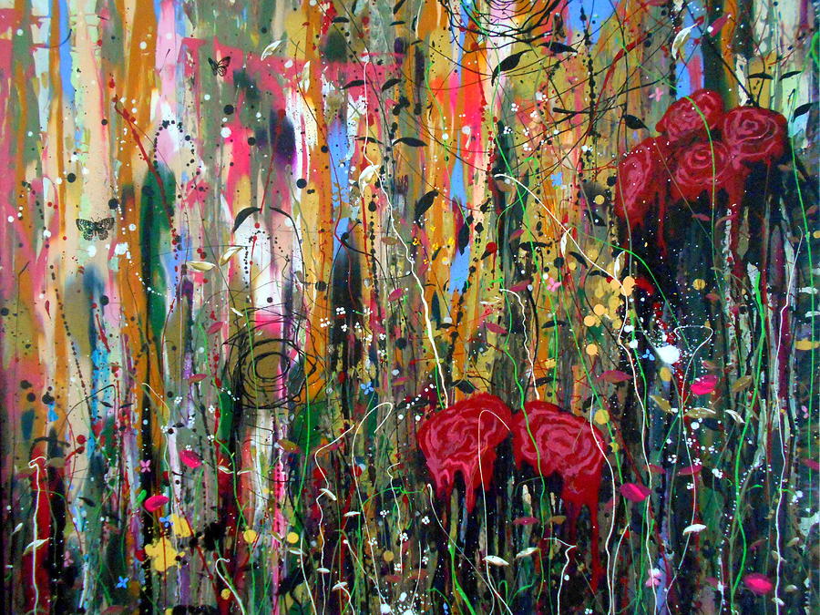 Crimson Blooms and Wild Honey Detail Painting by Angie Wright