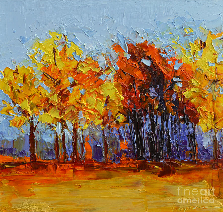 Crispy Autumn Day Landscape Forest Trees - Modern Impressionist Knife Palette Oil Painting Painting by Patricia Awapara