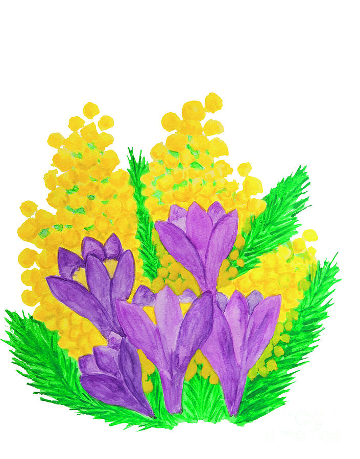 Crocuses and mimosa Painting by Irina Afonskaya