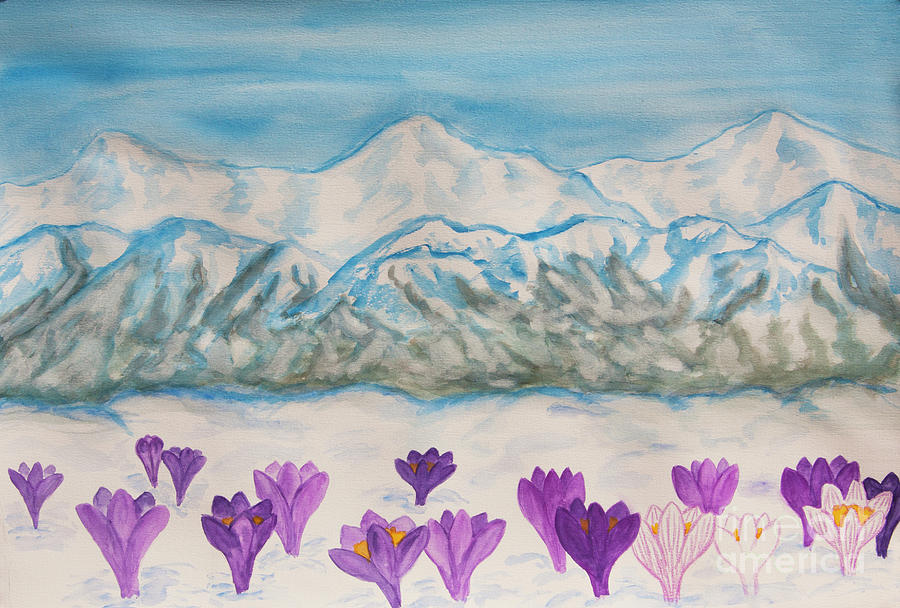 Crocuses in hills Painting by Irina Afonskaya