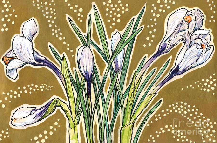 White Crocuses, Spring Flowers, Floral Sketch Drawing by Julia Khoroshikh