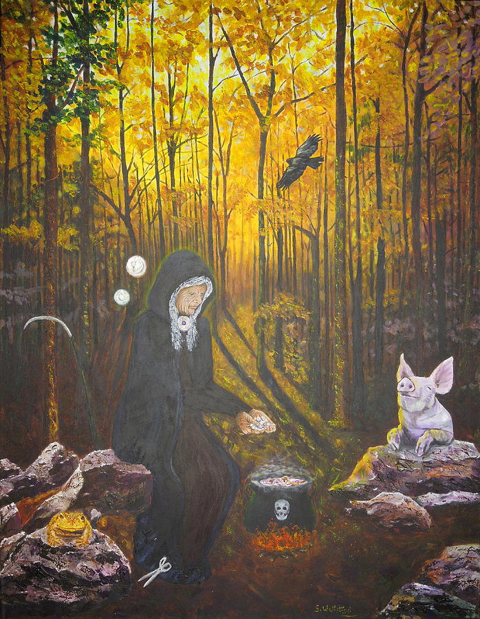 Animal Painting - Crone Goddess Keridwen - Samhain by Shirley Wellstead