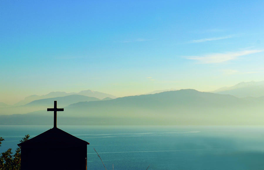 Cross and foggy moutains in Greece Photograph by Susan Vineyard