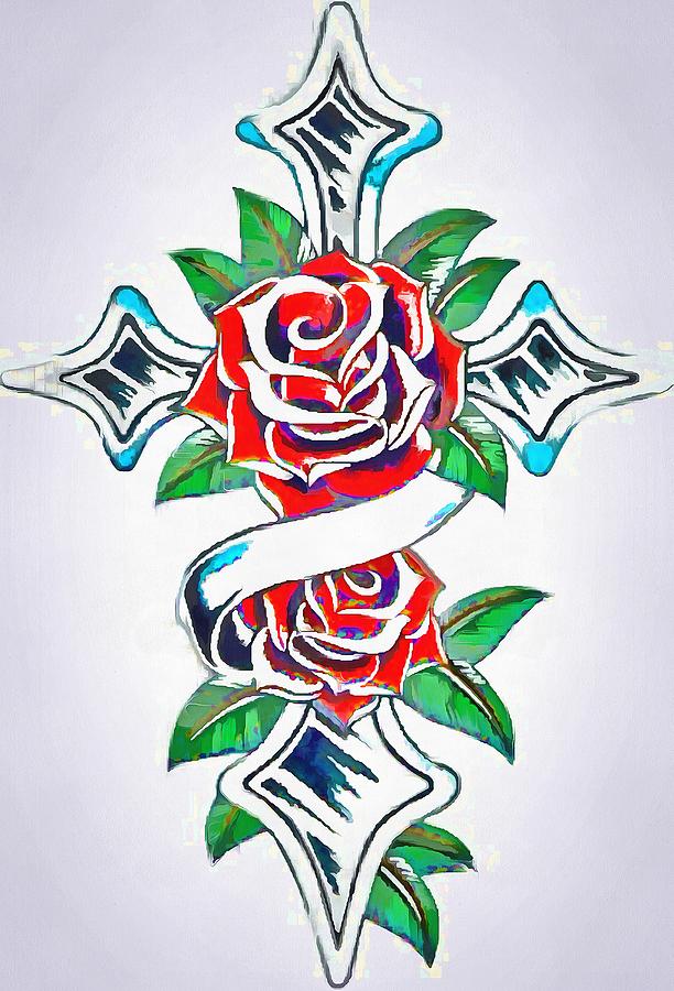 Cross and Roses Tattoo Digital Art by Catherine Lott Pixels