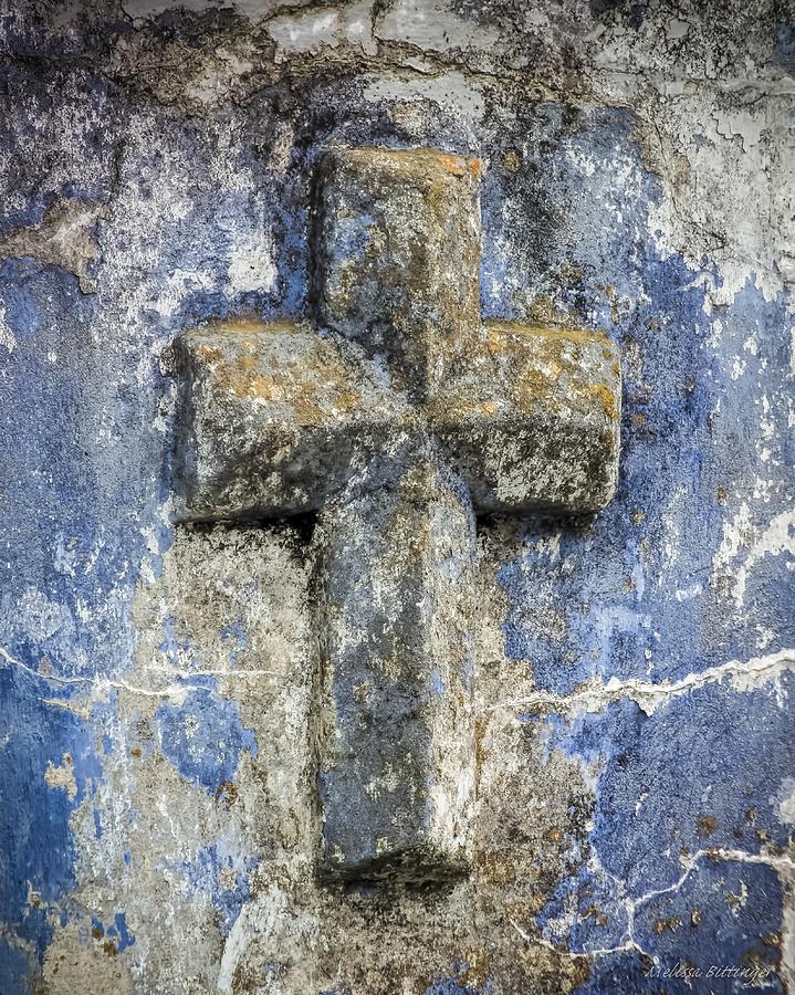 Cross on Blue Cemetery Wall Photograph by Melissa Bittinger