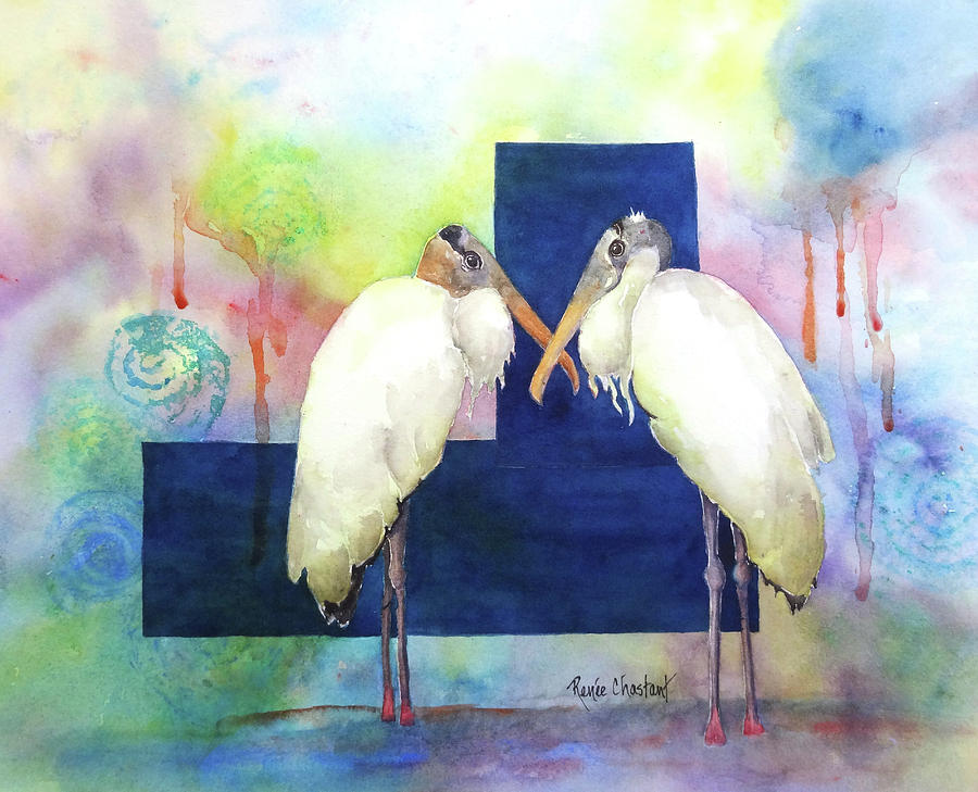 Stork Painting - Cross Talk II by Renee Chastant