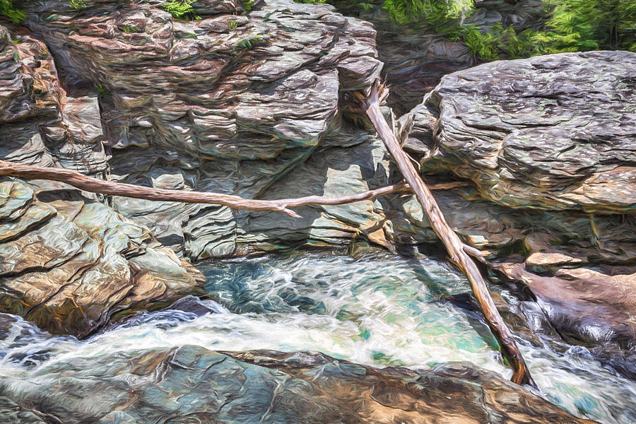 Waterfall Digital Art - Crossed Logs on the Linville River by John Haldane