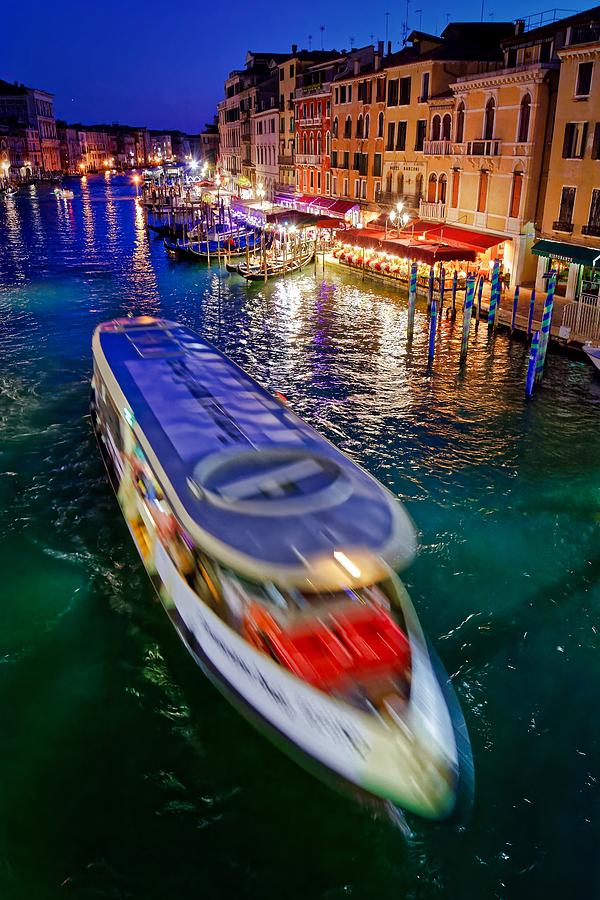 Vaporetto Crossing The Grand Canal At Night In Venice