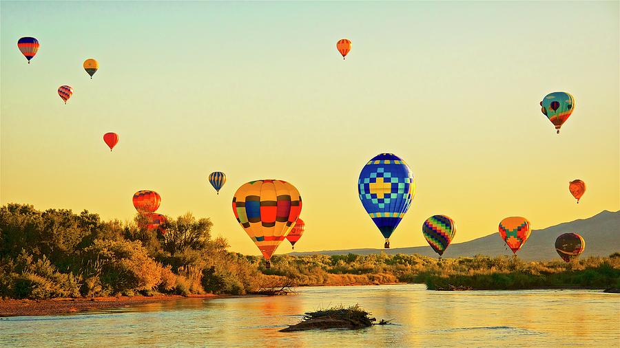 Nature Photograph - Crossing the Rio Grande River, Hot-Air Balloons by Zayne Diamond