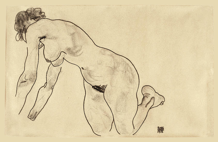 Crouching Female Nude Drawing by Egon Schiele