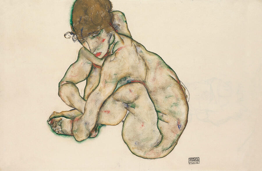 Crouching Nude Girl, from 1914 Drawing by Egon Schiele